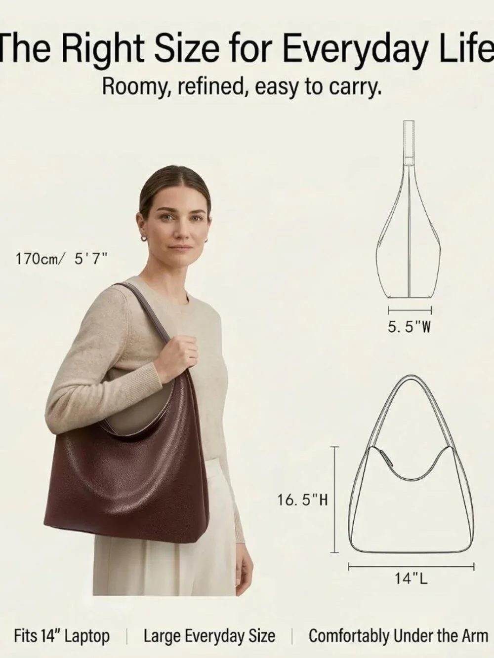 Spacious Vegan Leather Hobo Bag, Soft Shoulder Tote with Zipper & Pockets, Fits